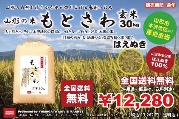 11,280円　玄米30kg　山形の米　「もとさわ」　12,182円・全国送料無料)　（山形県産はえぬき）　(税込