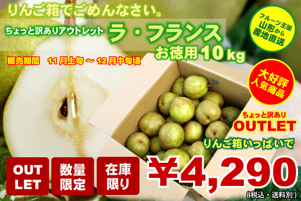 ご家庭用10kg　4,290円　(多少キズあり)　(税込・送料別)　ラ・フランス(洋梨)　ちょっと訳ありアウトレット